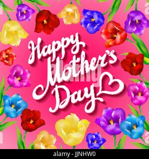 Les mères heureux avec arrière-plan typographique bouquet de tulipes au printemps de l'art Fleurs Illustration de Vecteur