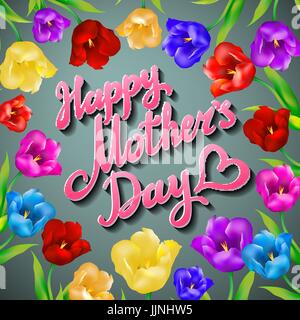 Les mères heureux avec arrière-plan typographique bouquet de tulipes au printemps de l'art Fleurs Illustration de Vecteur