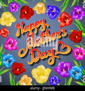 Les mères heureux avec arrière-plan typographique bouquet de tulipes au printemps de l'art Fleurs Illustration de Vecteur
