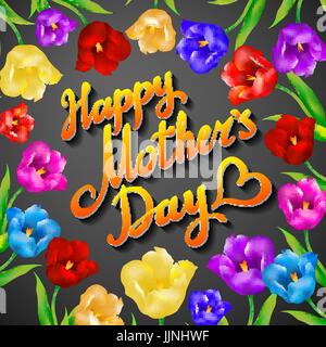 Les mères heureux avec arrière-plan typographique bouquet de tulipes au printemps de l'art Fleurs Illustration de Vecteur
