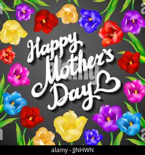 Les mères heureux avec arrière-plan typographique bouquet de tulipes au printemps de l'art Fleurs Illustration de Vecteur