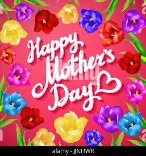 Les mères heureux avec arrière-plan typographique bouquet de tulipes au printemps de l'art Fleurs Illustration de Vecteur