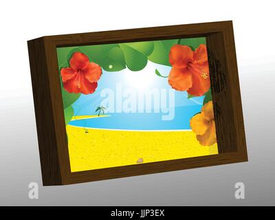 3D Illustration d'un cadre en bois avec l'été photo de plage et de l'Hibiscus Illustration de Vecteur