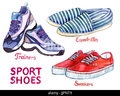 Modern sport shoes collection: blue trainers, striped espadrilles and red sneakers, isolated with inscription, hand painted watercolor illustration Banque D'Images