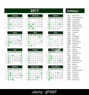 Calendrier 2017 vert modèle vector art Illustration de Vecteur