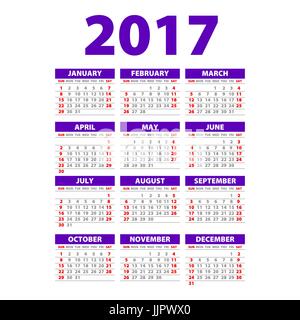 Style papier 2017 Calendrier complet Modèle - Affiche de promotion, Vecteur conception semaine débute dimanche art violet Illustration de Vecteur