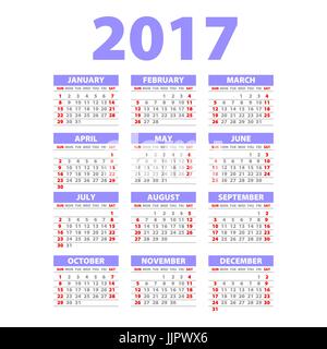 Style papier 2017 Calendrier complet Modèle - Affiche de promotion, Vecteur conception semaine débute dimanche art violet Illustration de Vecteur