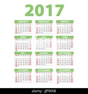 Calendrier 2017 agenda de bureau ou de 12 mois pour définir l'art vert Illustration de Vecteur