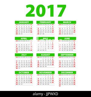 Calendrier 2017 agenda de bureau ou de 12 mois pour définir l'art vert Illustration de Vecteur