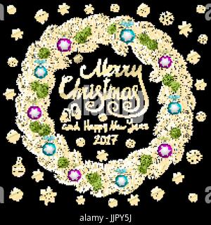 Joyeux Noël et Bonne Année 2017 Vintage fond noir avec typographie avec de l'or carte couronne de Noël. L'art d'illustration vectorielle. Illustration de Vecteur