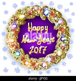 Mousseux d'or couronne de décoration ornement feuille de cercle de lettrage calligraphie et texte. Fond vecteur de fête pour Noël déco desig Illustration de Vecteur