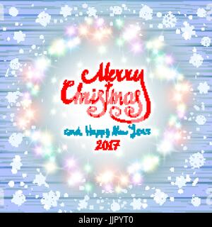 Joyeux Noël et Bonne Année 2017. Couronne de Noël lumineux faits de voyants sur le fond en bois bleu. Les lumières de Noël art l'arrière-plan. Illustration de Vecteur