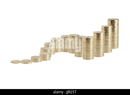 Beaucoup de pièces de petites à grandes colonnes debout sur fond blanc Banque D'Images