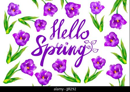 Bonjour Printemps violet avec texte tulip art fleurs et papillons Illustration de Vecteur