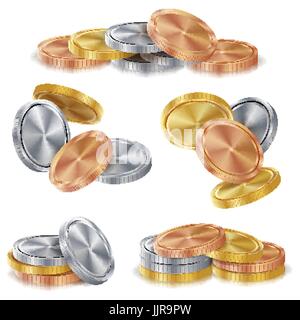 Or, Argent, Bronze, Cuivre Coins Stacks vecteur. Illustration isolé réaliste Illustration de Vecteur