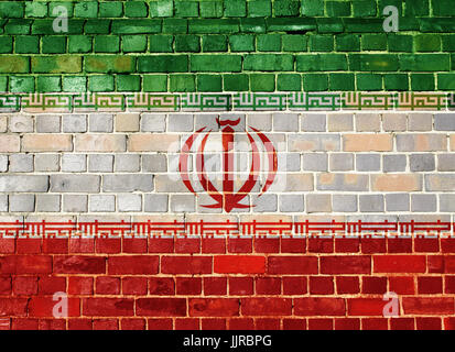 Drapeau iranien sur un vieux mur de brique background Banque D'Images