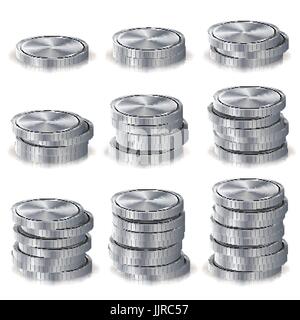 Les piles de pièces d'argent, vecteur. Finances argent Icônes, signe, symbole de trésorerie bancaire de succès. Concept d'investissement. Monnaie réaliste illustration isolé Illustration de Vecteur