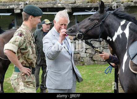 Le Prince de Galles se réunit une gamme Cheval poney Princesse appelée compensation au cours d'une visite au camp d'Okehampton, situé sur le ministère de la Défense zone Formation Dartmoor pour entendre comment le Duché de Cornouailles travaille avec le MOD, la communauté locale et d'autres intervenants sur une variété de projets de conservation à Dartmoor, le deuxième jour de la visite royale au Devon et Cornwall. Banque D'Images