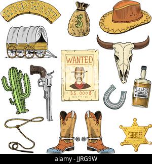 Wild West Show, Rodeo Cowboy, ou des indiens avec lasso. hat et gun, cactus avec étoile de shérif et les bisons, démarrer avec horseshoe et avis de recherche. gravés à la main dans de vieux croquis ou et esprit vintage. Illustration de Vecteur