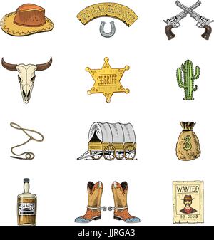 Wild West Show, Rodeo Cowboy, ou des indiens avec lasso. hat et gun, cactus avec étoile de shérif et les bisons, démarrer avec horseshoe et avis de recherche. gravés à la main dans de vieux croquis ou et esprit vintage. Illustration de Vecteur