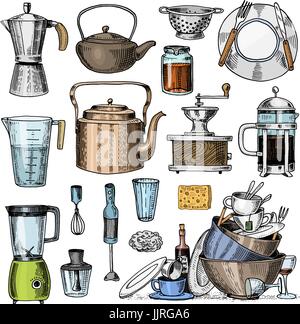 D'une cafetière ou d'une meuleuse, presse française, la mesure de la capacité, dans une passoire ou un mélangeur. Chef de cuisine et des ustensiles de cuisine, sale de trucs pour la cuisine décoration menu gravé à la main. dans de vieux croquis, esprit vintage. Illustration de Vecteur