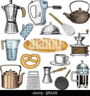 Grater et fouetter, poêle, d'une cafetière ou d'une meuleuse, presse française, mixeur et ustensiles de cuisine. Pain de boulangerie, de trucs pour la cuisine décoration menu gravé à la main. dans de vieux croquis et de l'esprit vintage. Illustration de Vecteur