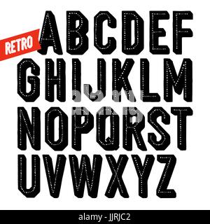 Rétro fait main font. Point noir dessiné à la main condensé en ligne alphabet. Sans serif type avec l'ombre. Illustration de Vecteur
