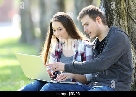 Couple d'adolescents attentif et de commenter le contenu de la recherche en ligne un ordinateur portable assis sur l'herbe dans un parc Banque D'Images