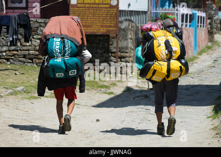 Porteurs transportant des sacs de trekkers sur le circuit de l'Annapurna. Banque D'Images