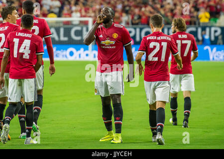 Houston, TX, USA. 20 juillet, 2017. Romelu Lukaku Manchester United (9) célèbre son but durant le 1er semestre d'un match de football de la Coupe des Champions entre Manchester United et Manchester City à NRG Stadium à Houston, TX. Trask Smith/CSM/Alamy Live News Banque D'Images