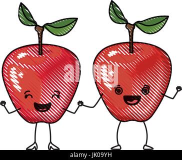 Crayon de couleur de fond blanche silhouette de réaliste paire de fruits apple caricature Illustration de Vecteur