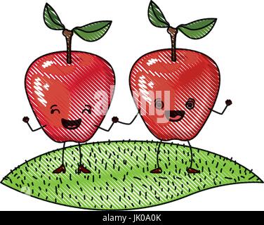 Crayon de couleur de fond blanche silhouette de réaliste paire de fruits apple caricature sur l'herbe Illustration de Vecteur