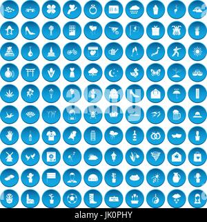 100 fleurs icons set blue Illustration de Vecteur