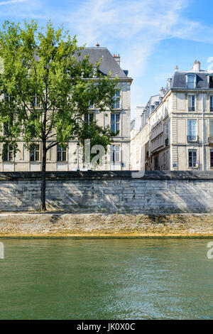 Les rives de la Seine aux arbres et immeubles parisiens typiques sur l'île Saint Louis. Banque D'Images