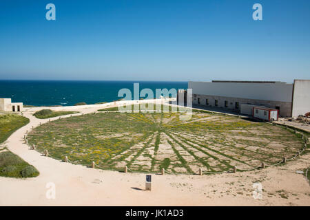 Le cadran solaire dans la fortaleza de Sagres à la Ponta de Sagres au Cabo de Sao Vicente, près de la ville de Sagres, à l'Algarve du Portugal en Europe. Banque D'Images