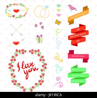 Vector décoration mariage avec des oiseaux, des coeurs, des flèches, des rubans, couronnes, fleurs Illustration de Vecteur