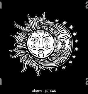 Un style cartoon illustration gravée d'un soleil, lune et étoile avec des visages humains. Contours sont noir avec un fond transparent pour une réutilisation aisée col Illustration de Vecteur