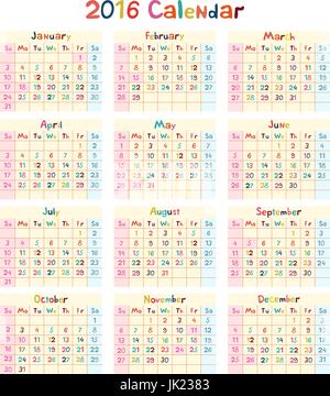 Fait à la main pour les enfants Calendrier sur l'année 2016 art Illustration de Vecteur