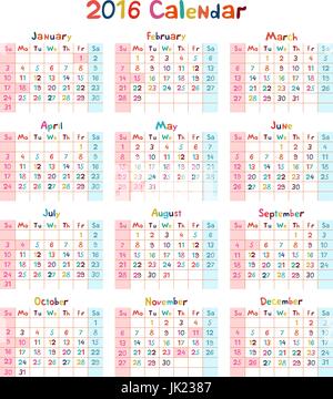 Fait à la main pour les enfants Calendrier sur l'année 2016 art Illustration de Vecteur