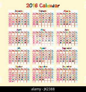 Fait à la main pour les enfants Calendrier sur l'année 2016 art Illustration de Vecteur