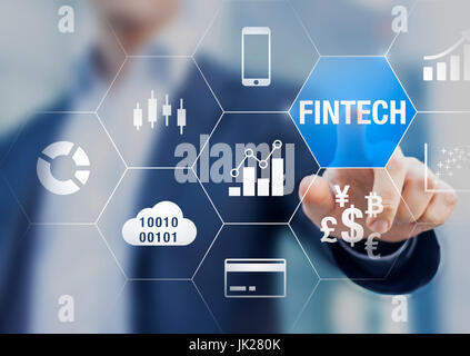 Portrait financier fintech (technologie) connecté avec des icônes de la business intelligence (BI), cloud computing, monnaies de paiement avec b Banque D'Images