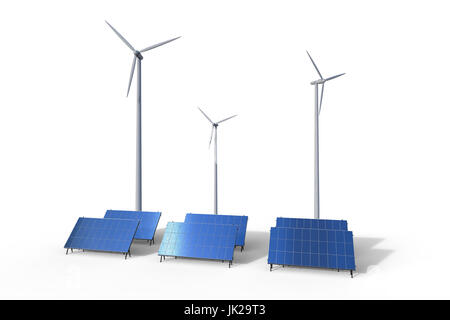 Concept d'énergie de remplacement avec rendu 3d des éoliennes et des panneaux solaires Banque D'Images