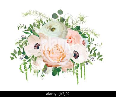 Bouquet de fleurs design vecteur élément object. Peach pink Rose de jardin Eucalyptus ranunculus white Anemone Pavot berry mélange floral Belle ele Illustration de Vecteur