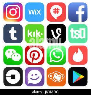 Kiev, Ukraine - le 13 mars 2017 : Collection de médias sociaux populaires logos imprimés sur du papier : Facebook, Instagram, Pinterest, vigne, Uber, Tumblr, Kik, Ts Banque D'Images