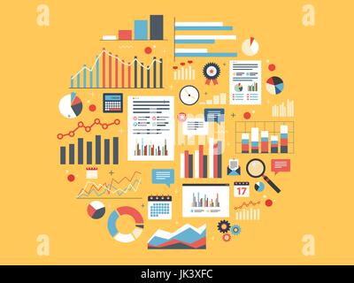 Graphique avec les statistiques et les données, d'analyse et de statistique rapport de croissance. Icônes dans vector illustration de calculatrice, tableau, loupe et calenda Illustration de Vecteur