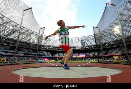 Biélorussie' Tamara Sivakova en action au cours de la discus femmes F12 pendant la journée finale huit des 2017 World Para Championnats mondiaux d'athlétisme à Londres Stadium. ASSOCIATION DE PRESSE Photo. Photo date : vendredi 21 juillet 2017. Voir PA story athlétisme par. crédit photo doit se lire : Simon Cooper/PA Wire. RESTRICTIONS : un usage éditorial uniquement. Pas de transmission de sons ou d'images en mouvement et pas de simulation vidéo. Banque D'Images