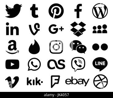 Kiev, Ukraine - le 27 avril 2017 : Collection de populaires logo noir signe d'icônes de médias sociaux, imprimé sur du papier : Facebook, Twitter, Google Plus, Instag Banque D'Images