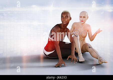 Femme et le robot assis près de grille virtuelle Banque D'Images