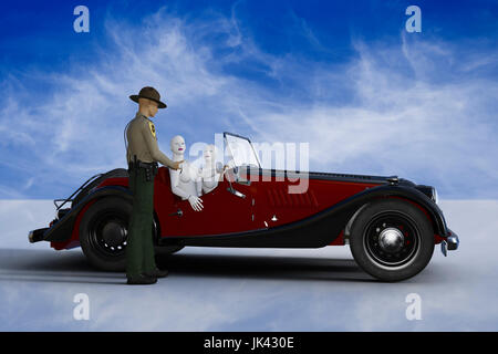 Le cavalier parler aux femmes robot roulant vintage car Banque D'Images