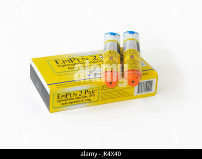 Les auto-injecteurs EpiPen fabriqués par Mylan Pharmaceuticals Banque D'Images